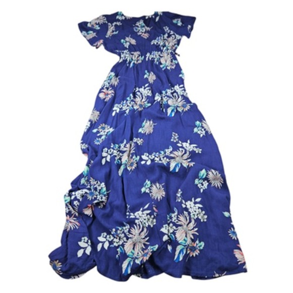 Papermoon Dress Womens Medium Blue Floral Maxi Short Sleeve Boho‎ Summer Casual - Picture 4 of 7